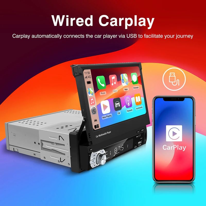 Autoradio CarPlay 1 DIN Universel – Écran Rétractable 7 Pouces, Filaire, vue 2