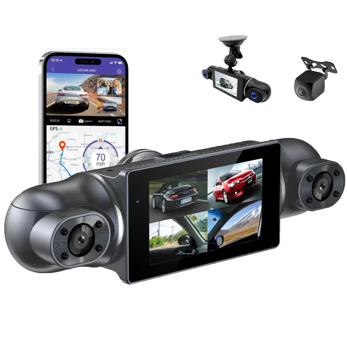 dashcam voiture 360° – 4 caméras 1080P + WiFi, GPS et SD 128 Go