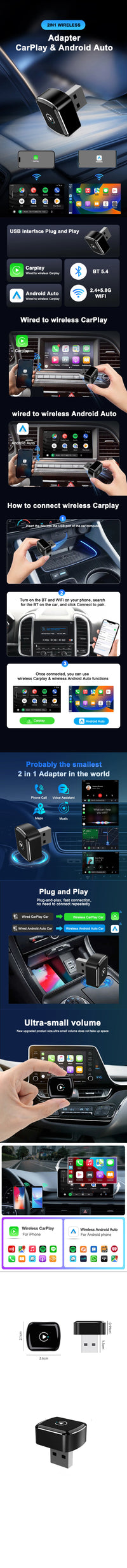 Adaptateur CarPlay Sans Fil USB 2 en 1 – 7 Modèles au Choix, Bluetooth 5.4, Wi-Fi 5,8 GHz, vue 7