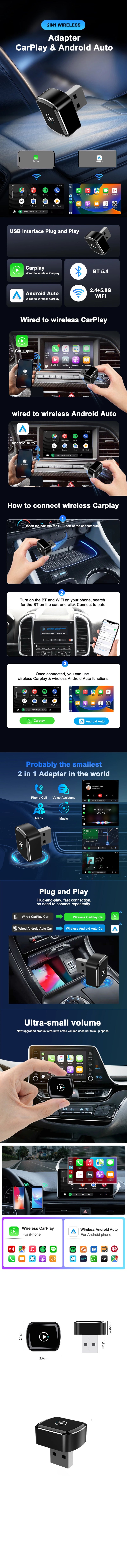 Adaptateur CarPlay Sans Fil USB 2 en 1 – 7 Modèles au Choix, Bluetooth 5.4, Wi-Fi 5,8 GHz, vue 7