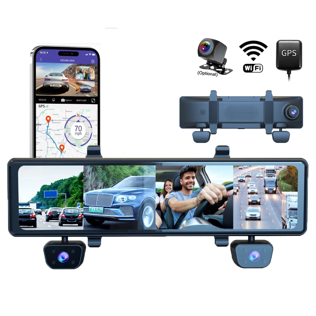 caméra embarquée voiture sans fil 4CH – Dashcam 4x1080P avec GPS & WiFi 24h