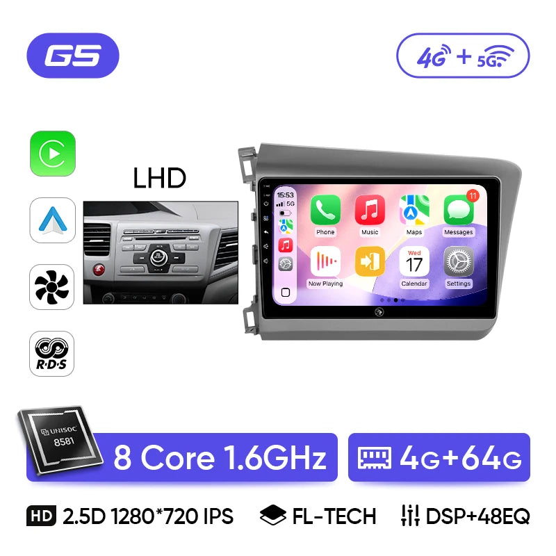 Autoradio CarPlay Honda Civic 9 (2012-2016) – Écran 9 pouces IPS, jusqu'à 8 Go + 256 Go, vue 39