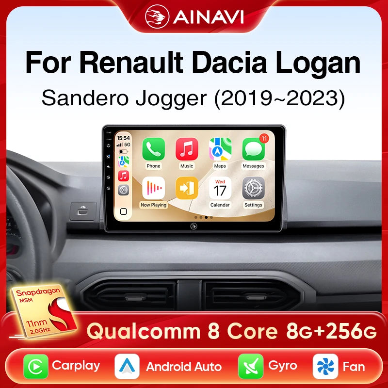 Autoradio CarPlay Dacia Logan, Sandero et Jogger (2019-2023) – Écran 10 pouces, jusqu'à 8 Go + 256 Go
