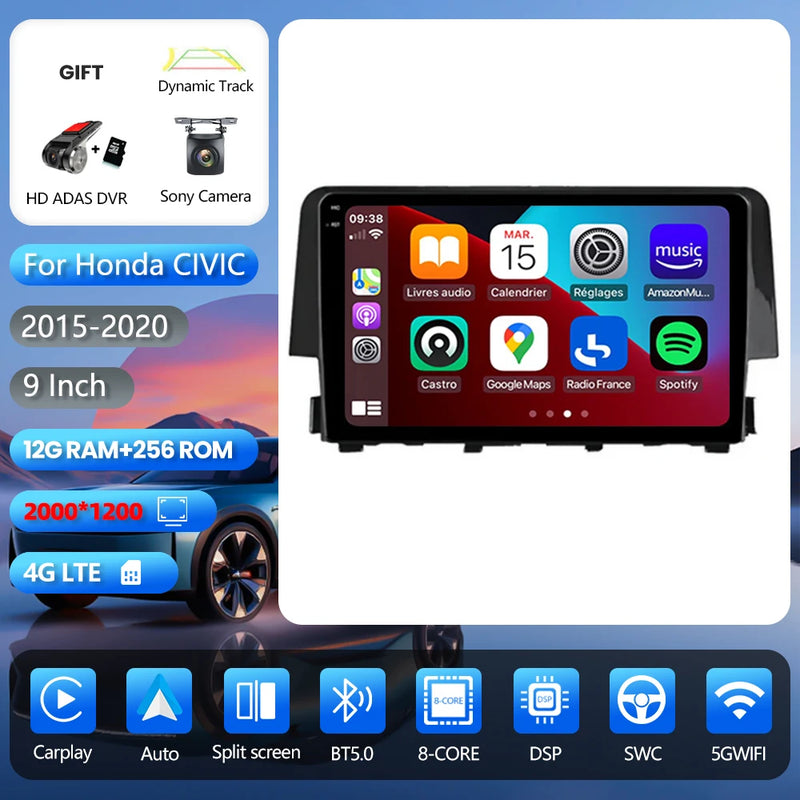 Autoradio CarPlay Honda Civic 10 (2015-2020) – Écran 9 pouces, jusqu'à 16 Go + 256 Go, vue 8
