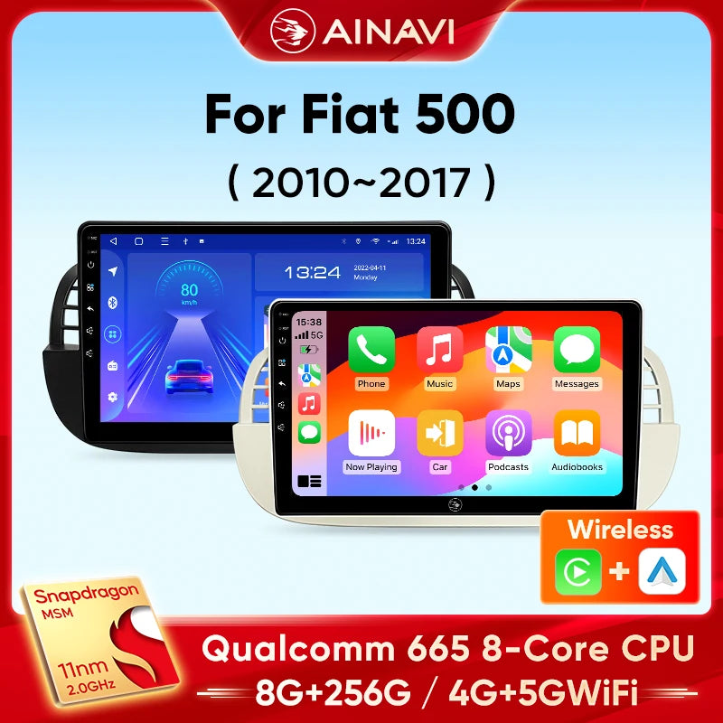 Autoradio CarPlay Fiat 500 (2010-2017) – Écran 9 pouces, sans fil, jusqu'à 8 Go + 256 Go
