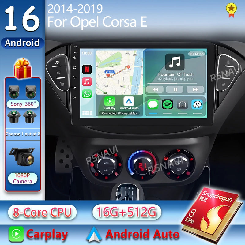 Autoradio CarPlay Opel Corsa E (2014-2019) et Adam (2013-2016) – Écran 9 pouces 2K, jusqu'à 12 Go + 256 Go