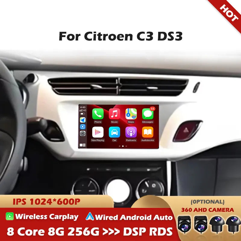 Autoradio CarPlay Citroën C3 et DS3 – Écran IPS 7 pouces, jusqu'à 8 Go + 256 Go