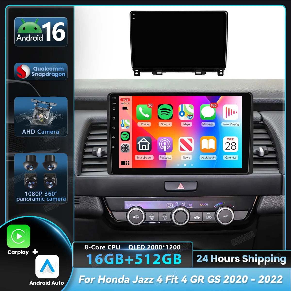 Autoradio CarPlay Honda Jazz 4 et Fit 4 (2020-2022) – Écran QLED, jusqu'à 16 Go + 512 Go