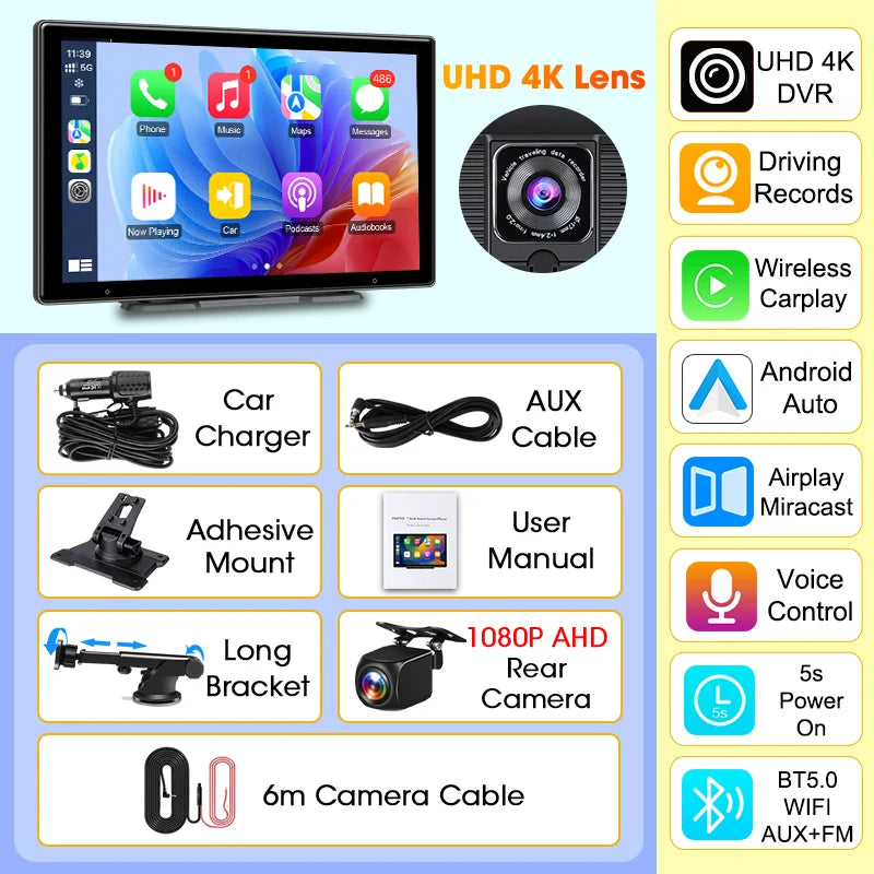 Écran CarPlay Portable 10,1 Pouces – Sans Fil, Dashcam 4K en Option, vue 30