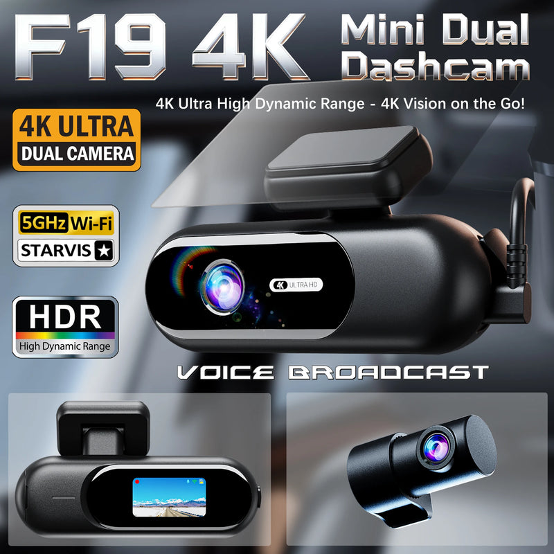 Dashcam Mini 4K Wi-Fi 5 GHz – Avant 4K et Arrière 1080P, Annonces Vocales