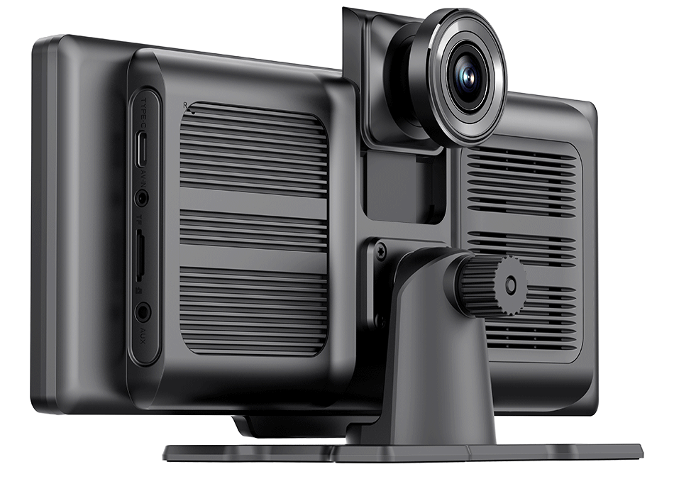Dos de la dashcam CarPlay 10,26 pouces avec sa caméra avant, ses ports et son pied de fixation