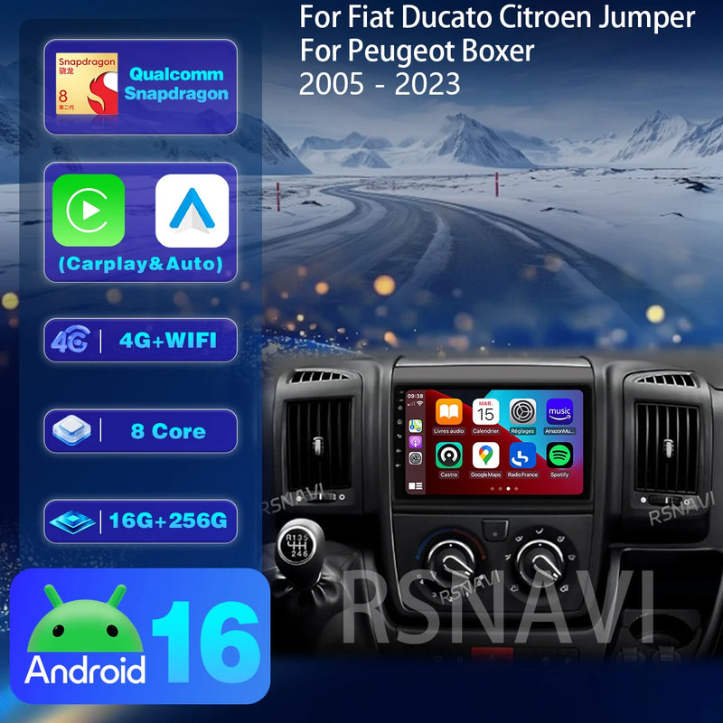 Autoradio CarPlay Fiat Ducato, Peugeot Boxer et Citroën Jumper (2007-2015) – Écran 9 pouces, jusqu'à 16 Go + 256 Go