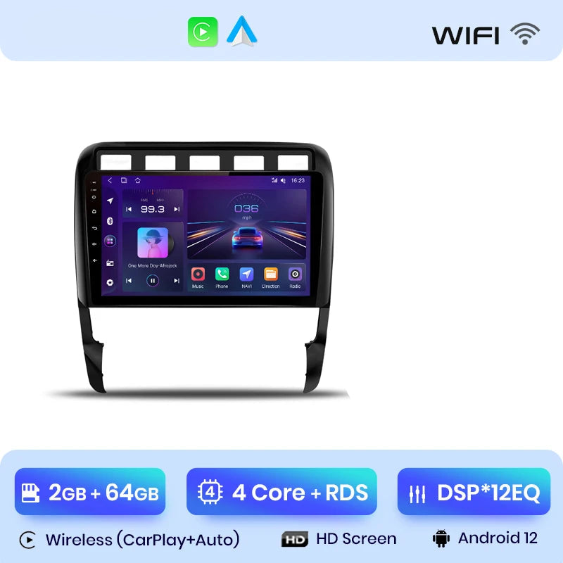 CarPlay Porsche Cayenne 9PA – Écran Android 12, 2+64 Go, DSP et ventilation intégrée