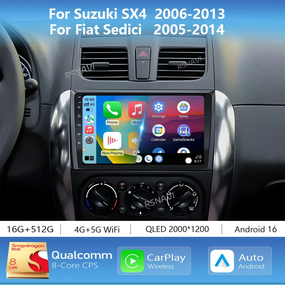 Autoradio CarPlay Suzuki SX4 (2006-2013) – Écran 9 pouces sans fil, jusqu'à 12 Go + 256 Go