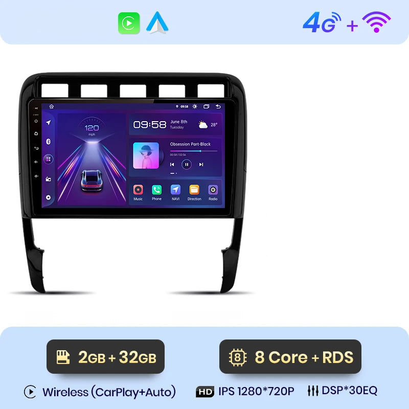 CarPlay Porsche Cayenne 9PA – Android 12, 2+32 Go, 8 cœurs, DSP 30 bandes + 4G