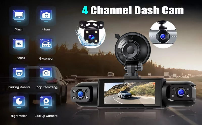 Dashcam 3 ou 4 Caméras – Avant 1080P, Côtés Orientables et Arrière, Mode Parking, vue 7