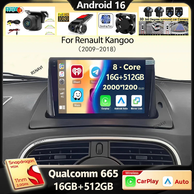 Autoradio CarPlay Renault Kangoo (2009-2018) – Écran 9 pouces, Android 16, jusqu'à 16 Go + 512 Go