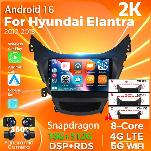 Autoradio CarPlay Hyundai Elantra (2012-2015) – Écran 9 pouces sans fil, jusqu'à 16 Go + 512 Go