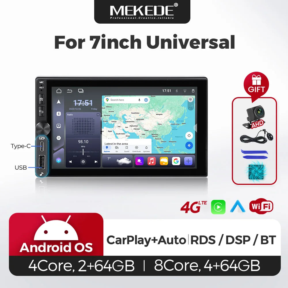 Autoradio CarPlay 2 DIN Universel – Écran 7 Pouces, Android, 2 Go ou 4 Go