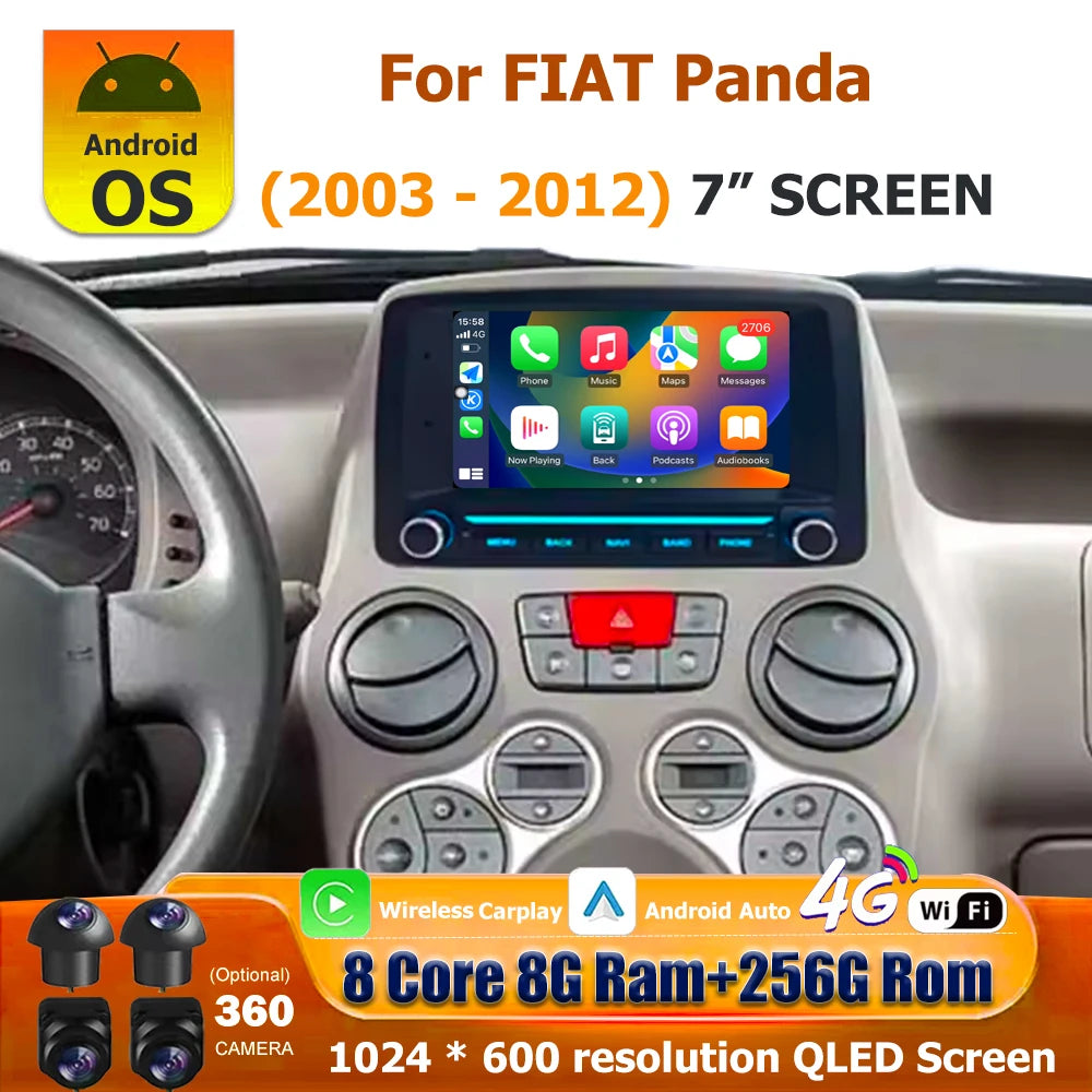 Autoradio CarPlay Fiat Panda (2003-2012) – Écran QLED 7 pouces, jusqu'à 8 Go + 256 Go
