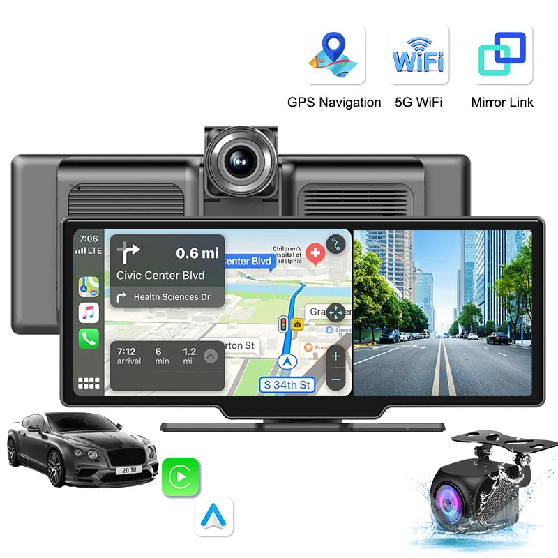 Carplay Dashcam 10,26" 4K avec Caméra Avant/Arrière, WiFi, GPS, Bluetooth et Carte SD 128 Go