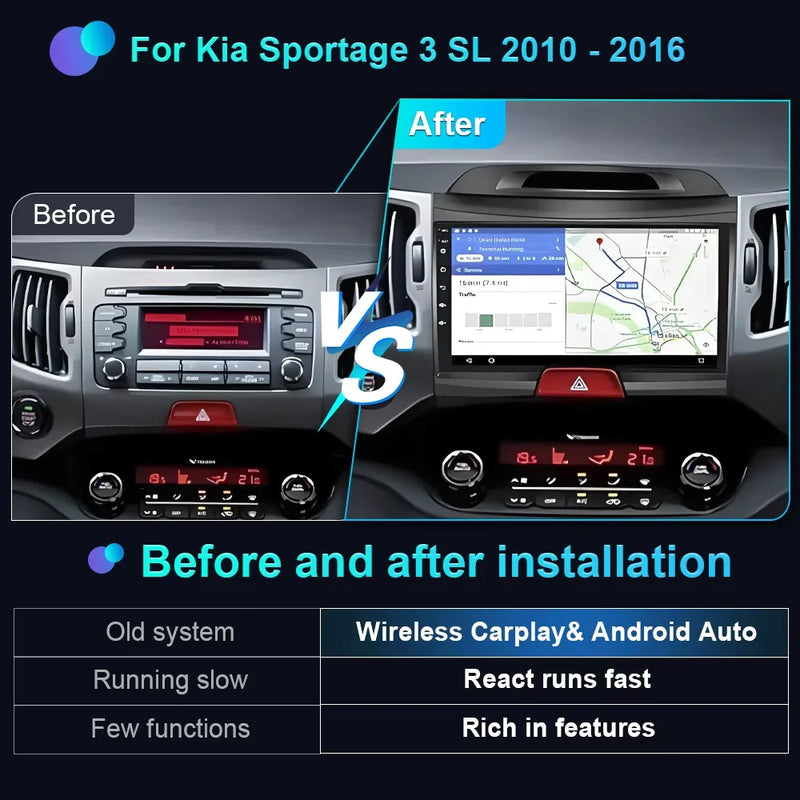 Autoradio CarPlay Kia Sportage 3 SL (2010-2016) – Écran QLED 9 pouces, jusqu'à 12 Go + 256 Go, vue 2
