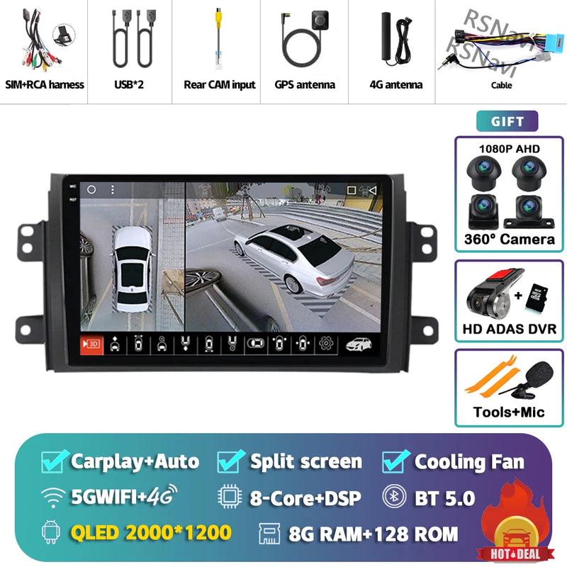 Autoradio CarPlay Suzuki SX4 (2006-2013) – Écran 9 pouces sans fil, jusqu'à 12 Go + 256 Go, vue 45