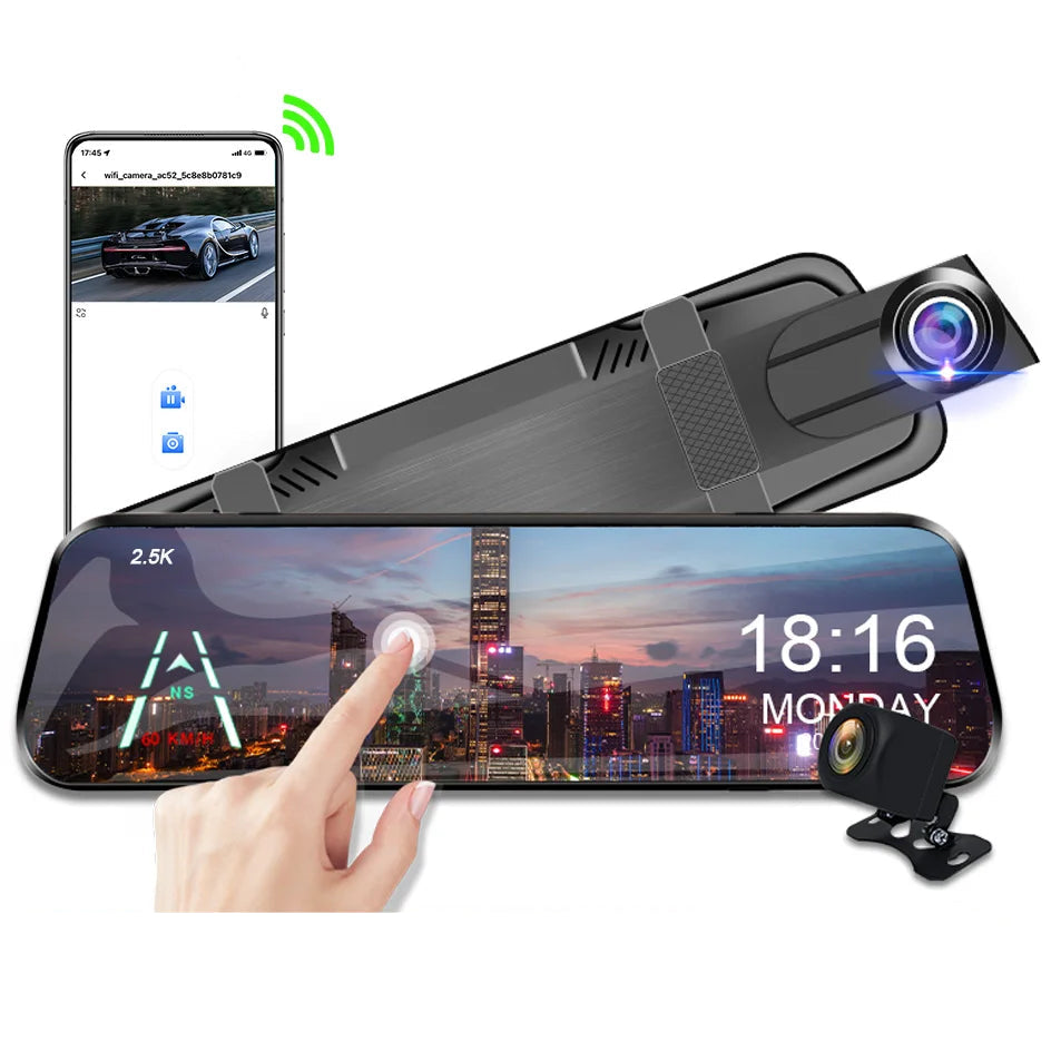 caméra voiture 360 sans fil 2.5K – Rétroviseur tactile avec double dashcam