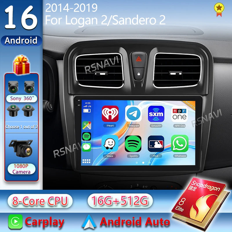Autoradio CarPlay Dacia Sandero et Logan 2 (2014-2019) – Écran 9 pouces, jusqu'à 12 Go + 256 Go