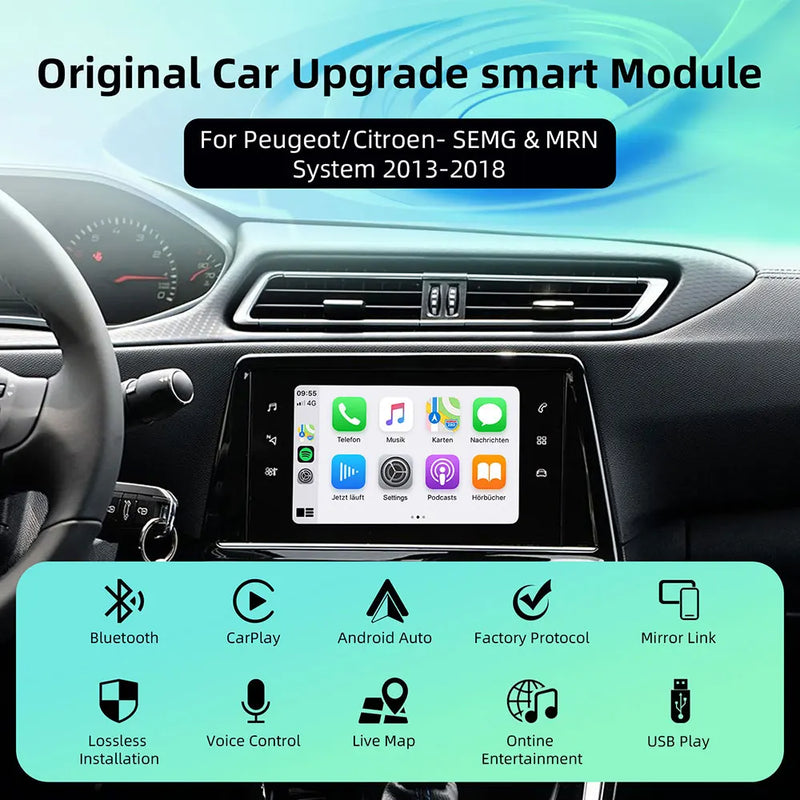 Boîtier CarPlay Peugeot Citroën DS (2013-2018) – SMEG et MRN, écran d'origine conservé, vue 3