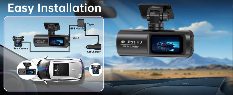 Dashcam 4K Wi-Fi Double Caméra – Écran 1,47 Pouce, GPS en Option, Kit Parking 24 h, vue 7