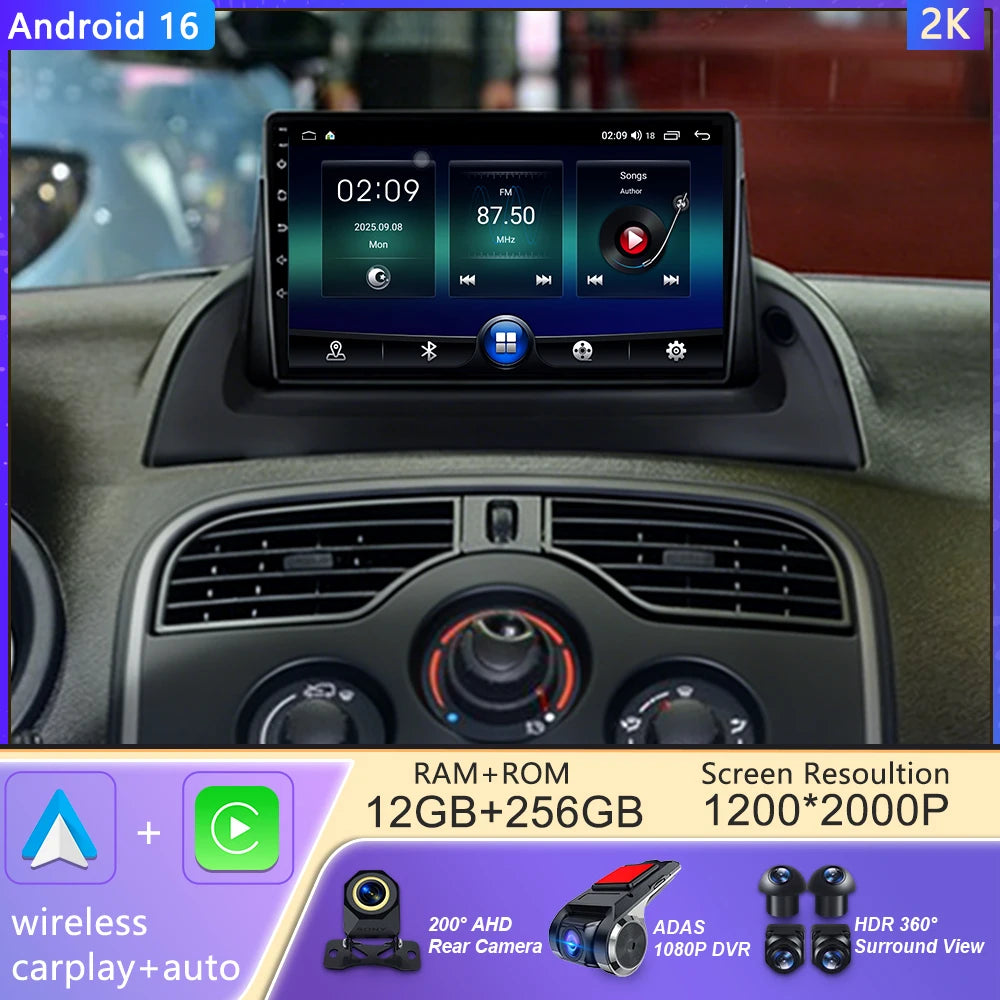 Autoradio CarPlay Renault Kangoo (2008-2018) – Écran 9 pouces, option écran 2K, jusqu'à 12 Go + 256 Go