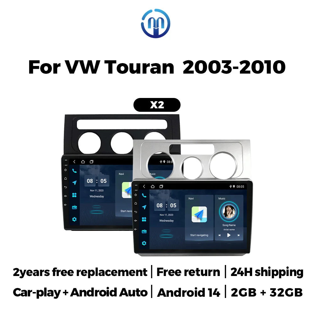 Autoradio CarPlay Volkswagen Touran 1 (2003-2010) – Écran 10 pouces, cadre noir ou argent