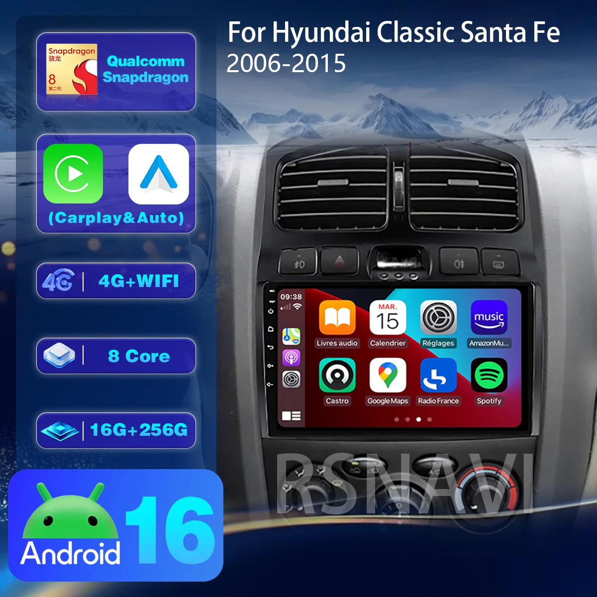 Autoradio CarPlay Hyundai Santa Fe Classic et SM (2006-2012) – Écran QLED 9 pouces