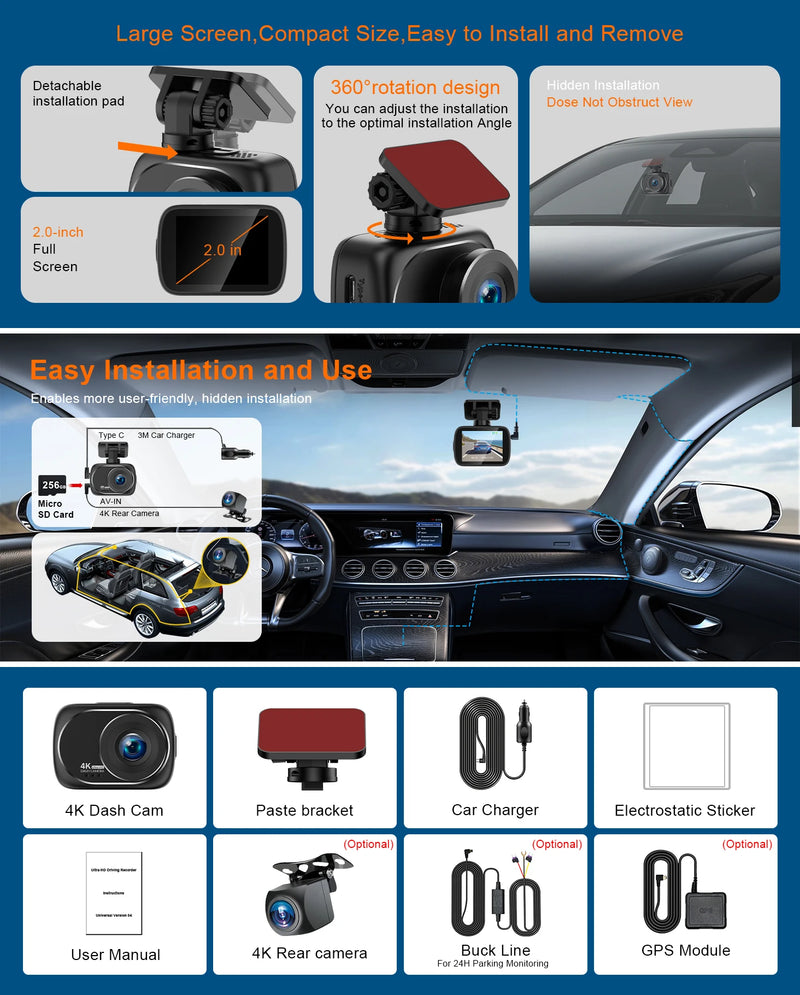 Dashcam 4K Avant et Arrière 4K – Écran 2 Pouces, Wi-Fi, GPS en Option, vue 13