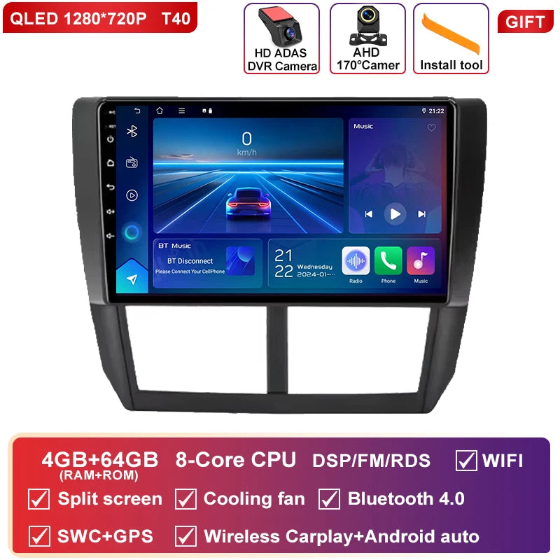 Autoradio CarPlay Subaru Forester SH (2007-2013) et Impreza GH GE (2007-2011) – Écran QLED 9 pouces, vue 45
