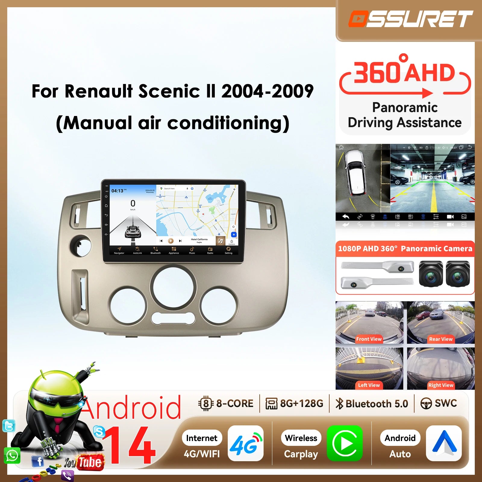 Autoradio CarPlay Renault Scénic 2 (2004-2009) – Écran 9 pouces, climatisation manuelle