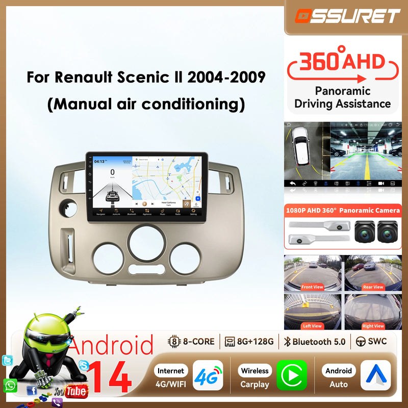 Autoradio CarPlay Renault Scénic 2 (2004-2009) – Écran 9 pouces, climatisation manuelle