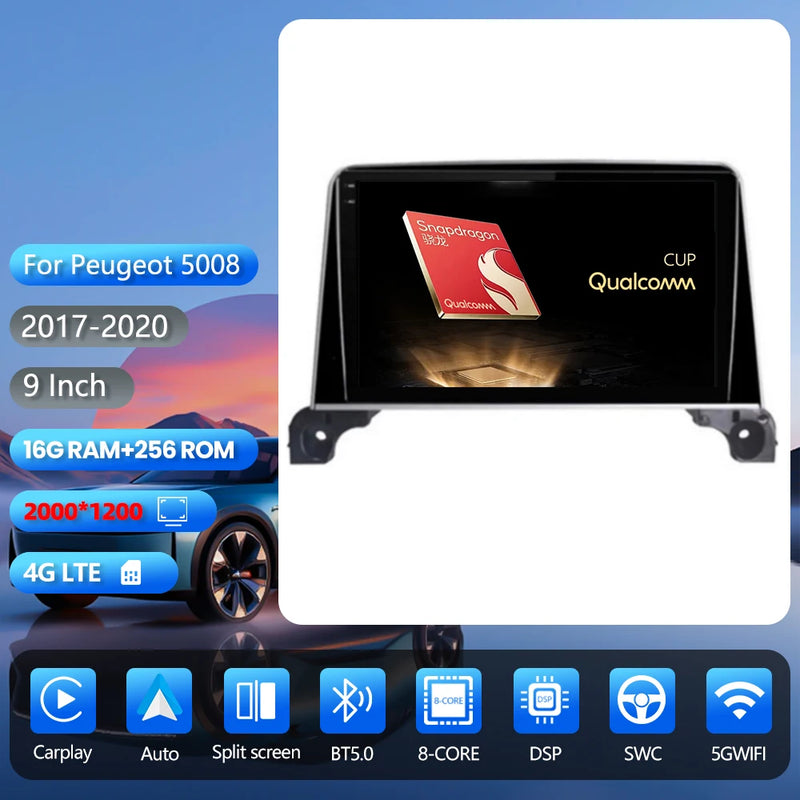 Autoradio CarPlay Peugeot 3008 et 5008 (2017-2020) – Écran 9 pouces, Android 16, vue 20