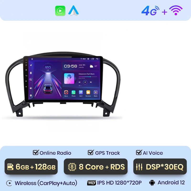 Radio Nissan Juke CarPlay 2010–2014 – Android 12, Écran HD, 4G et DSP