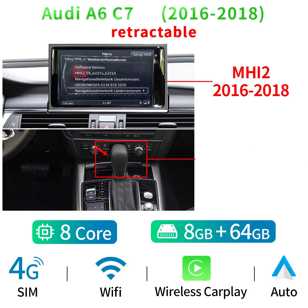 carplay audi a6 c7 MHI2 2016–2018 avec 8 Go RAM et 64 Go de stockage