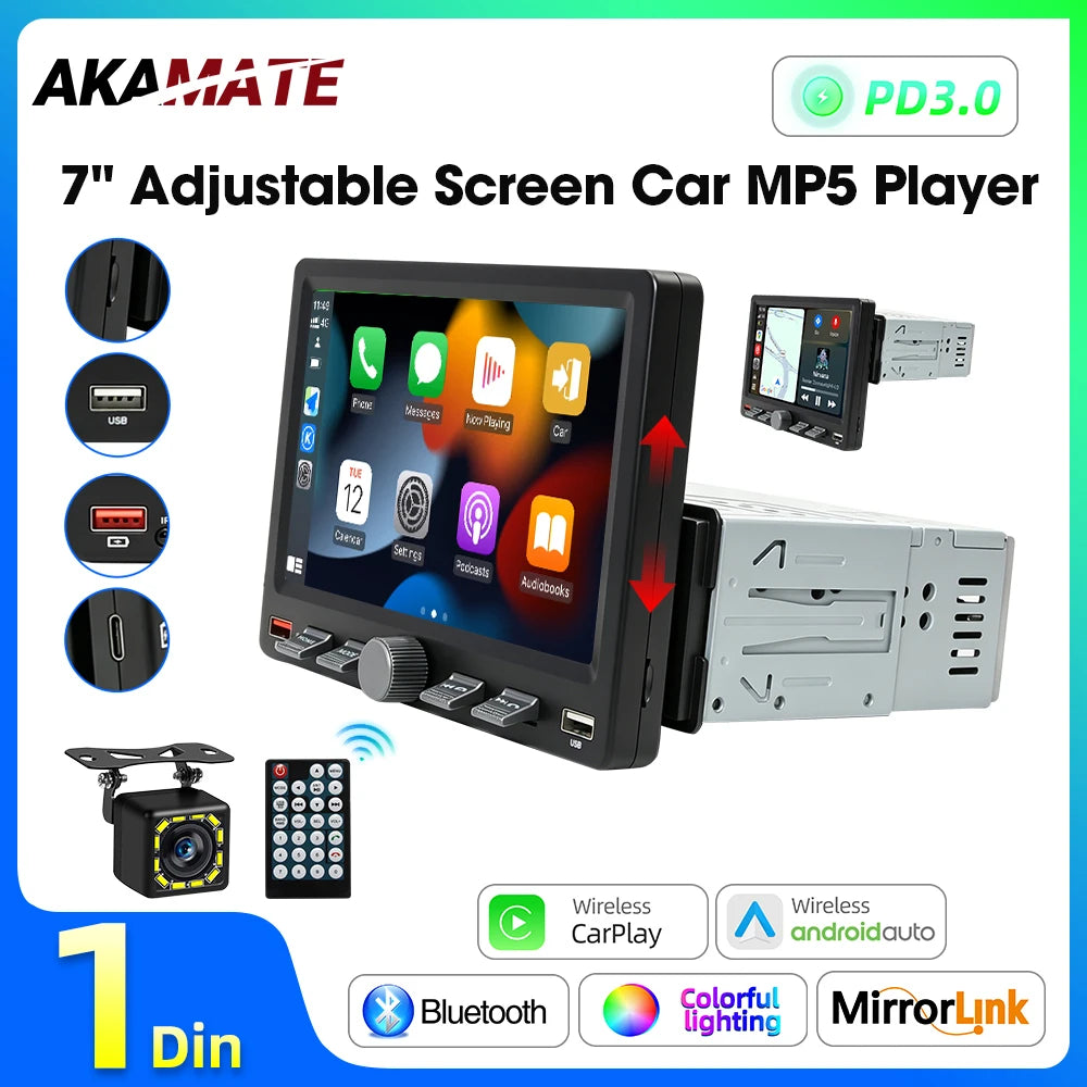 Autoradio CarPlay 1 DIN Universel – Écran 7 Pouces Réglable, Sans Fil