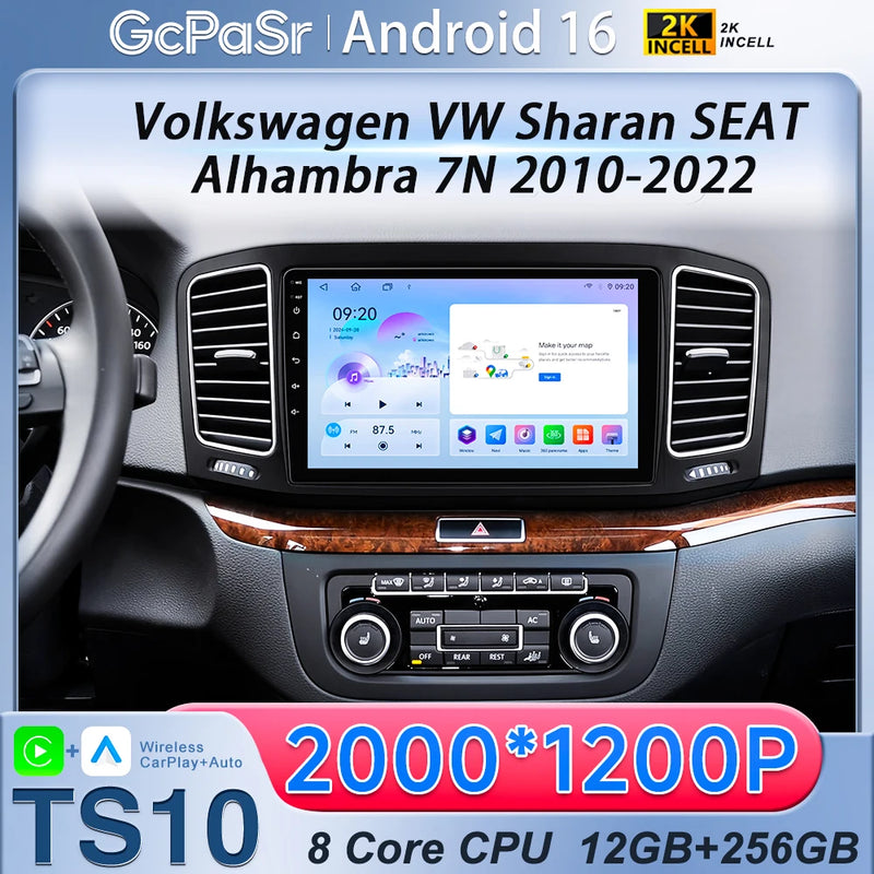 Autoradio CarPlay Volkswagen Sharan et Seat Alhambra 7N (2010-2022) – Écran 9 pouces, Android 16