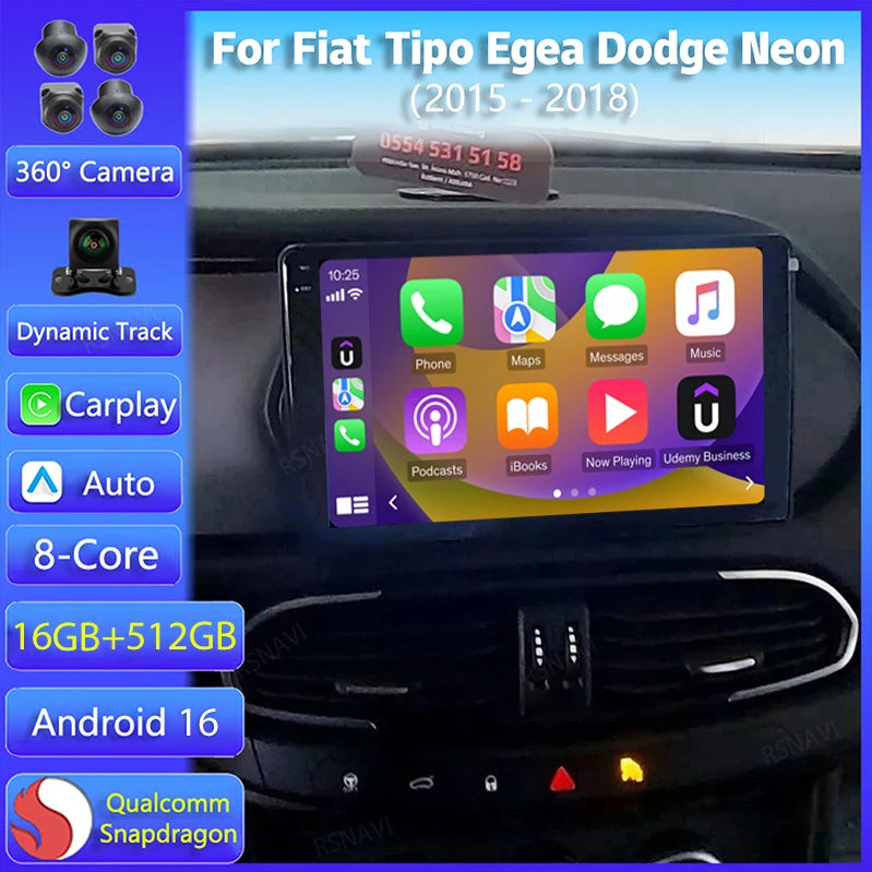 Autoradio CarPlay Fiat Tipo, Egea et Dodge Neon (2015-2018) – Écran QLED, jusqu'à 16 Go + 512 Go