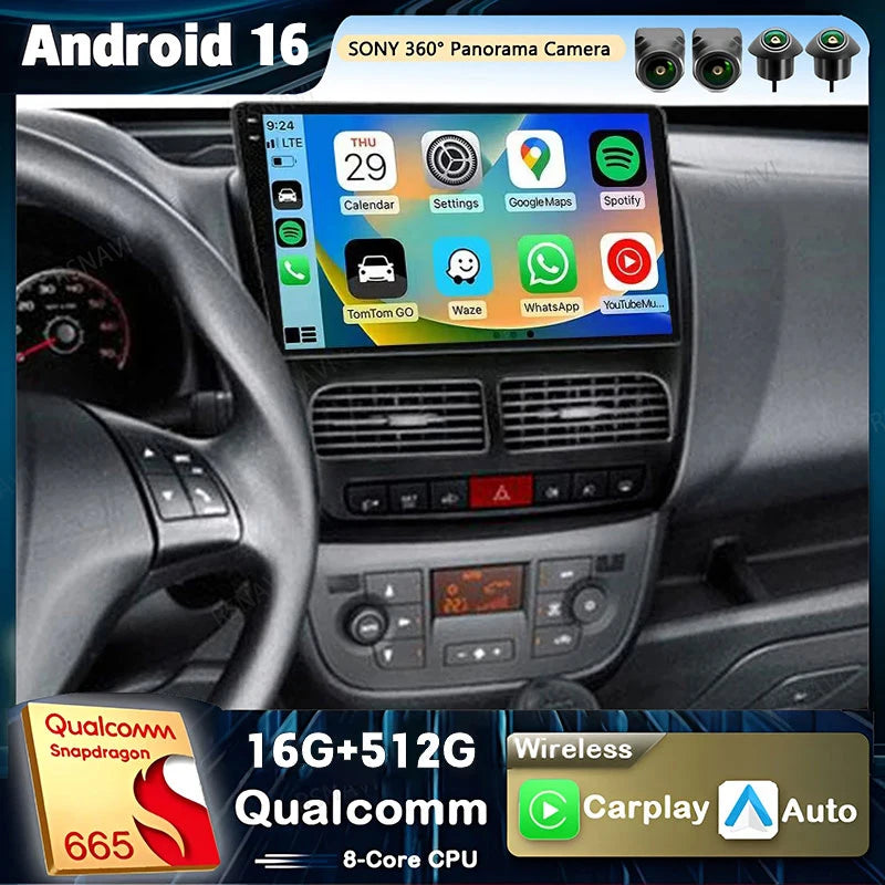 Autoradio CarPlay Fiat Doblo (2010-2015) – Écran 9 pouces sans fil, jusqu'à 16 Go + 512 Go