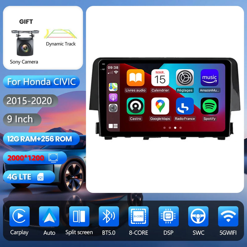 Autoradio CarPlay Honda Civic 10 (2015-2020) – Écran 9 pouces, jusqu'à 16 Go + 256 Go, vue 7
