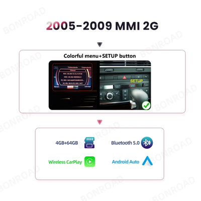 Autoradio BONROAD CarPlay Android pour Audi A6 C6 4F 8 Cœurs
