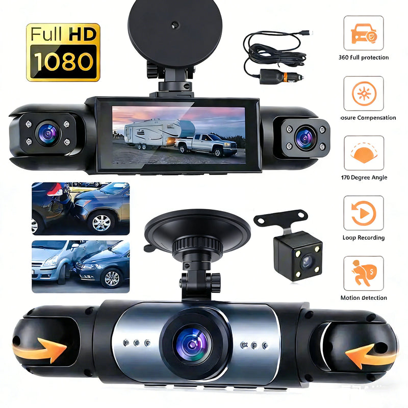 Dashcam 3 ou 4 Caméras – Avant 1080P, Côtés Orientables et Arrière, Mode Parking