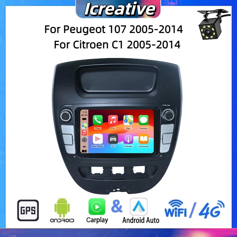 Autoradio CarPlay Peugeot 107 et Citroën C1 (2005-2014) – Écran 7 pouces, sans fil, jusqu'à 6 Go + 128 Go