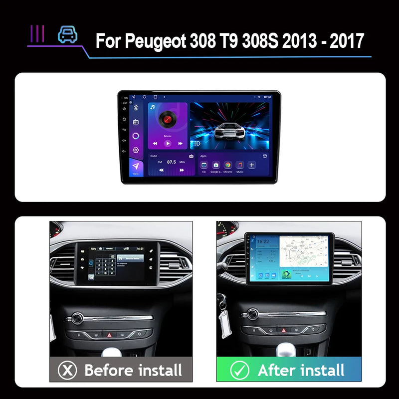 Autoradio CarPlay Peugeot 308 T9 et 308S (2013-2017) – Écran 9 pouces, sans fil, vue 2